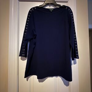 Lauren Ralph Lauren Navy boat neck lace up 3/4 sleeve top Size 3x